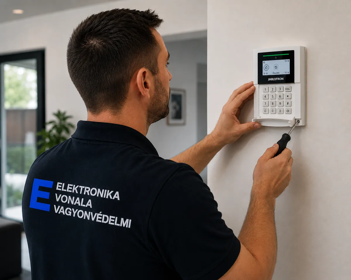 Az Elektronika Vonala Vagyonvédelem szerelője Jablotron kezelőegységet telepít a falra
